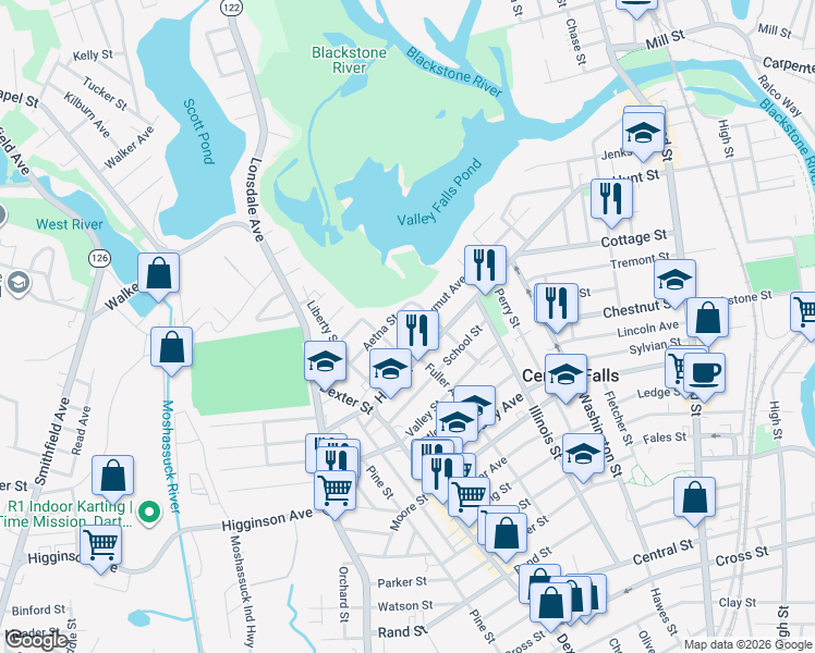 map of restaurants, bars, coffee shops, grocery stores, and more near 237 Shawmut Avenue in Central Falls