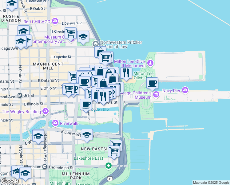 map of restaurants, bars, coffee shops, grocery stores, and more near 530 East Grand Avenue in Chicago