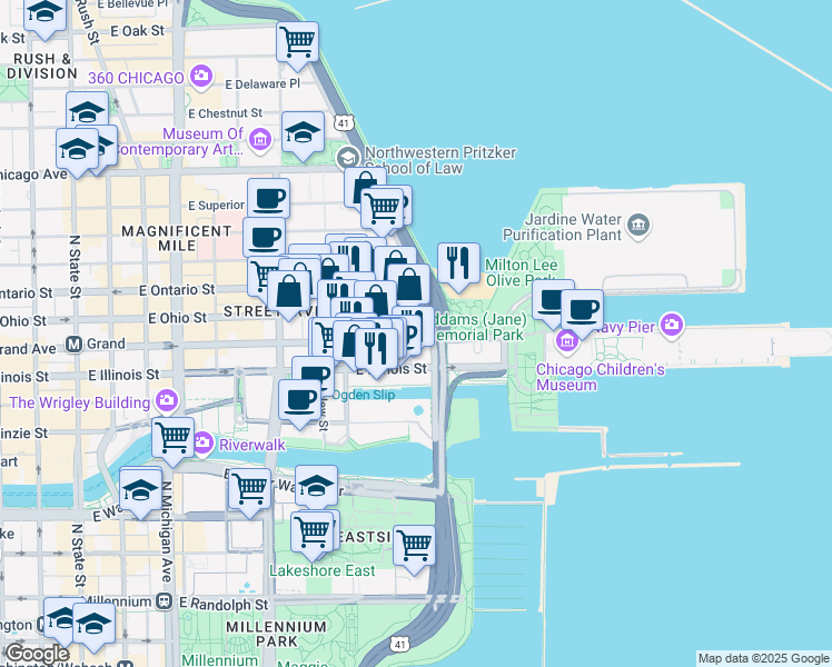 map of restaurants, bars, coffee shops, grocery stores, and more near 530 East Grand Avenue in Chicago