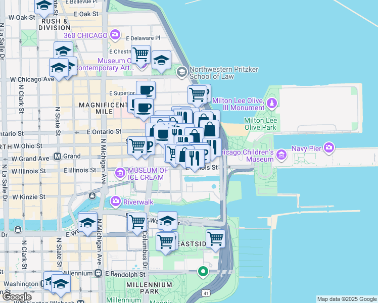 map of restaurants, bars, coffee shops, grocery stores, and more near 432 East Grand Avenue in Chicago