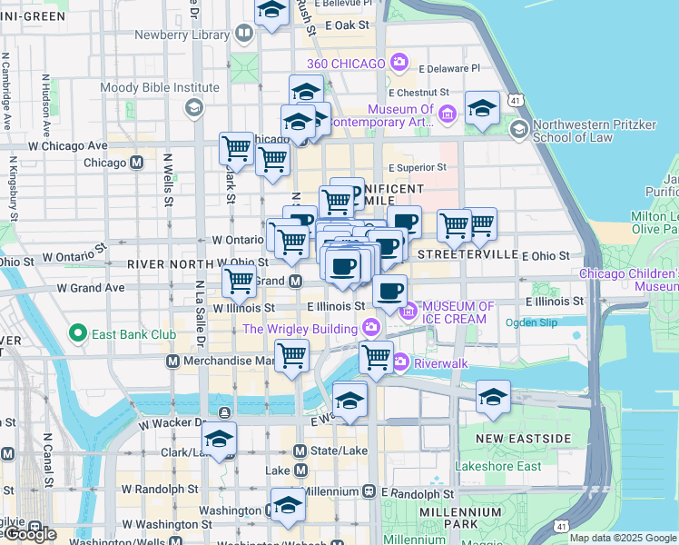 map of restaurants, bars, coffee shops, grocery stores, and more near 520 Lower Michigan Avenue in Chicago