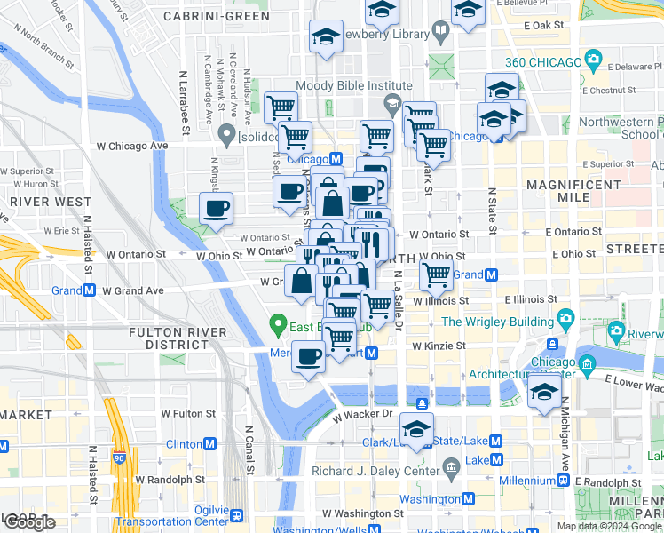 map of restaurants, bars, coffee shops, grocery stores, and more near 310 West Ohio Street in Chicago