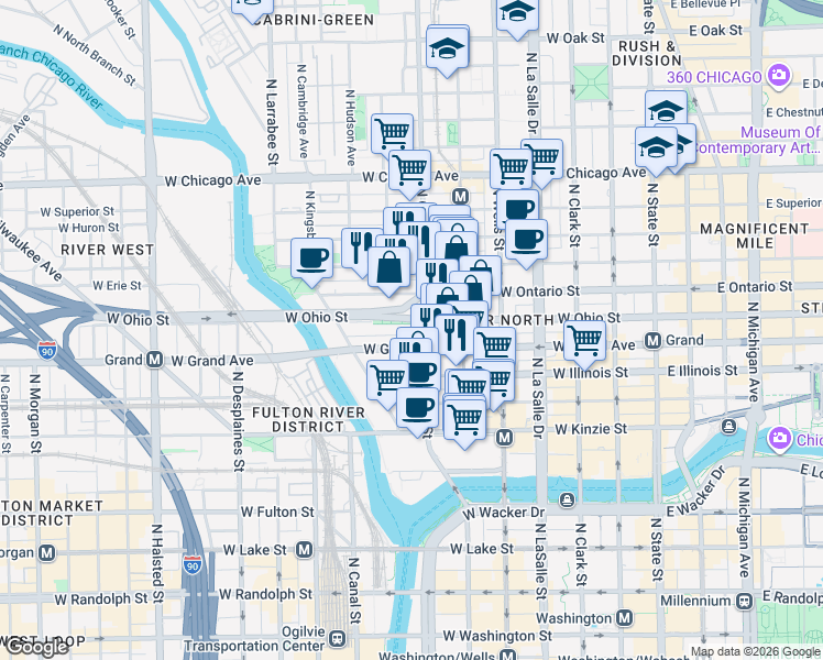 map of restaurants, bars, coffee shops, grocery stores, and more near 533 North Orleans Street in Chicago