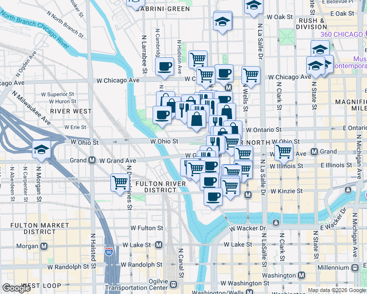 map of restaurants, bars, coffee shops, grocery stores, and more near 420 West Grand Avenue in Chicago