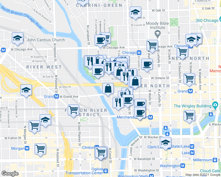 map of restaurants, bars, coffee shops, grocery stores, and more near 550 North Kingsbury Street in Chicago