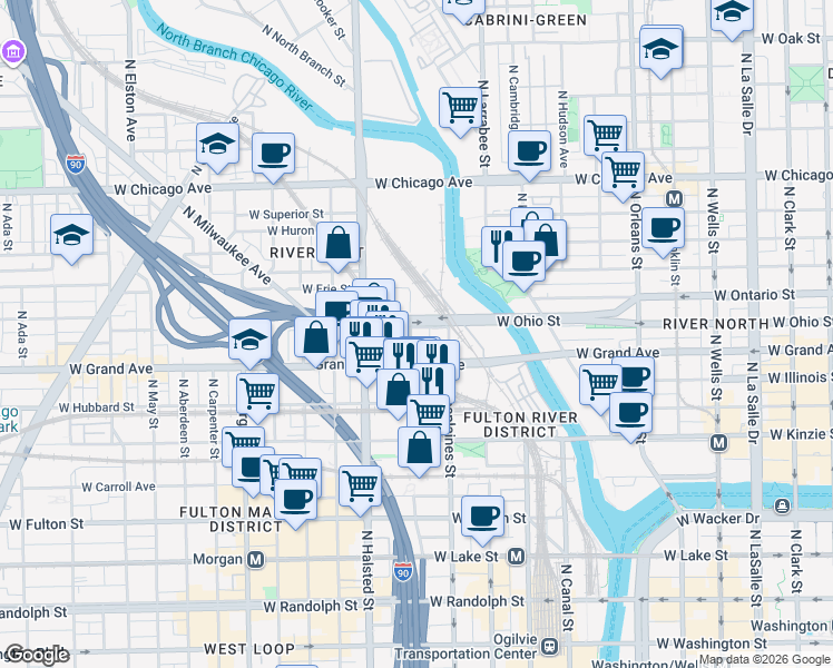 map of restaurants, bars, coffee shops, grocery stores, and more near 526 North Des Plaines Street in Chicago