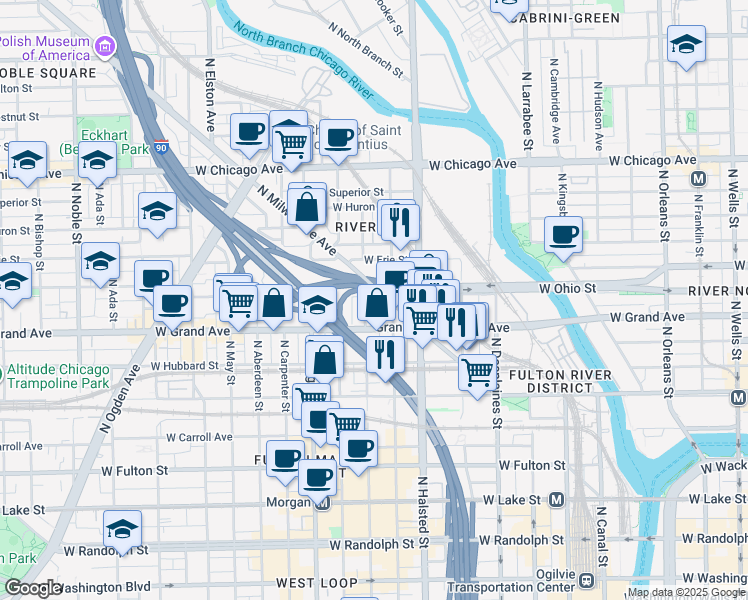 map of restaurants, bars, coffee shops, grocery stores, and more near 542 North Milwaukee Avenue in Chicago