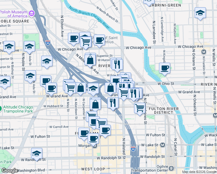 map of restaurants, bars, coffee shops, grocery stores, and more near 849 West Ohio Street in Chicago