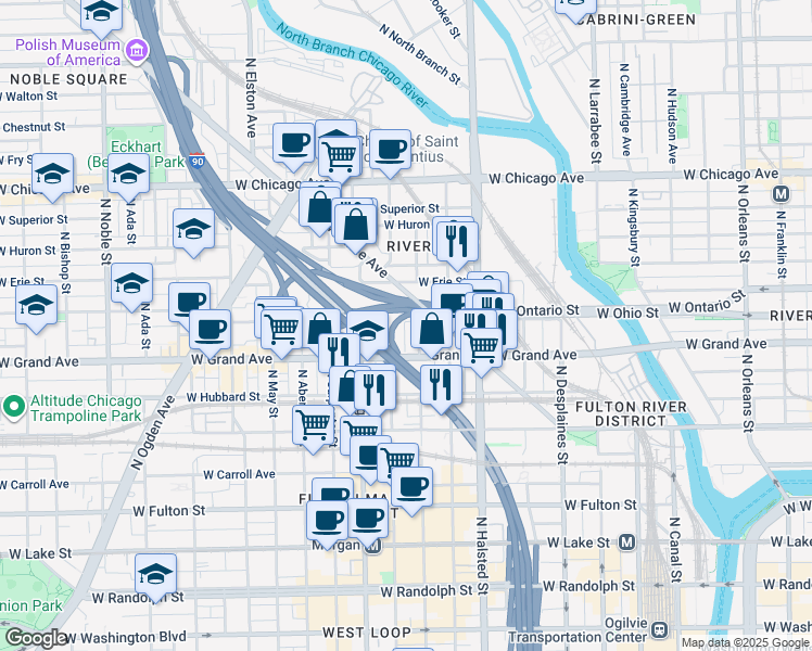 map of restaurants, bars, coffee shops, grocery stores, and more near 579 West Grant Place in Chicago