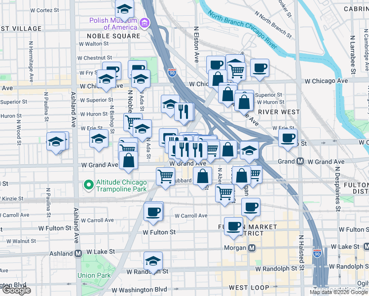 map of restaurants, bars, coffee shops, grocery stores, and more near 529 North Racine Avenue in Chicago