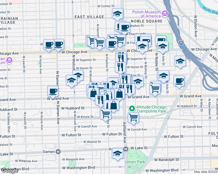 map of restaurants, bars, coffee shops, grocery stores, and more near 1647 West Ohio Street in Chicago