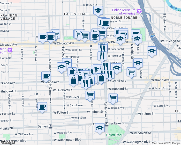 map of restaurants, bars, coffee shops, grocery stores, and more near 534 North Hermitage Avenue in Chicago