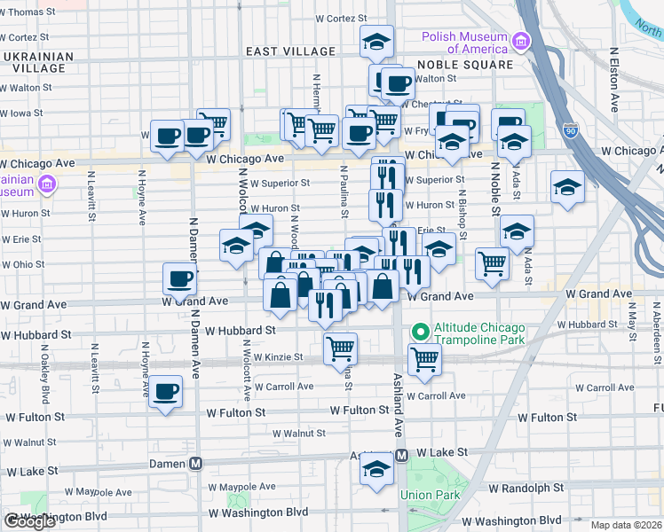 map of restaurants, bars, coffee shops, grocery stores, and more near 534 North Hermitage Avenue in Chicago