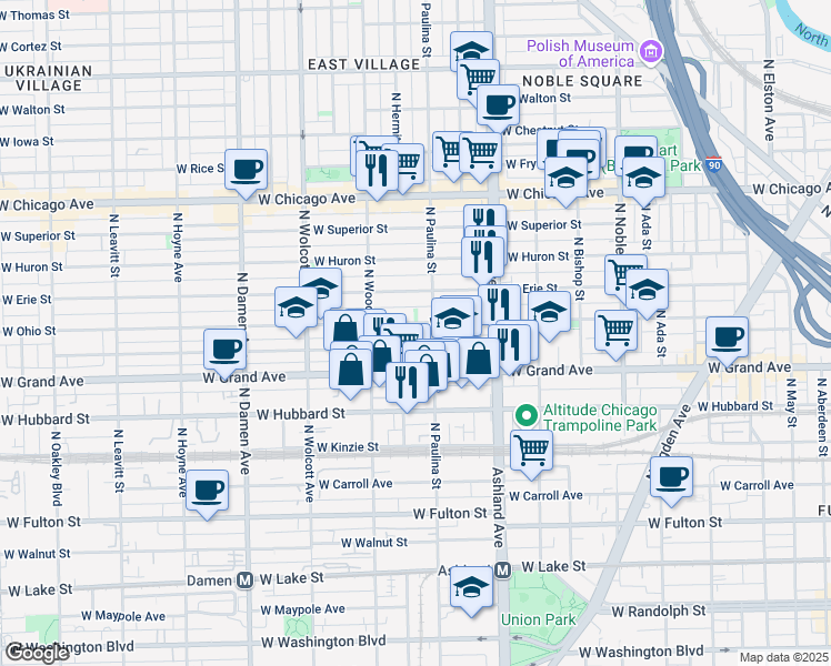 map of restaurants, bars, coffee shops, grocery stores, and more near 534 North Hermitage Avenue in Chicago