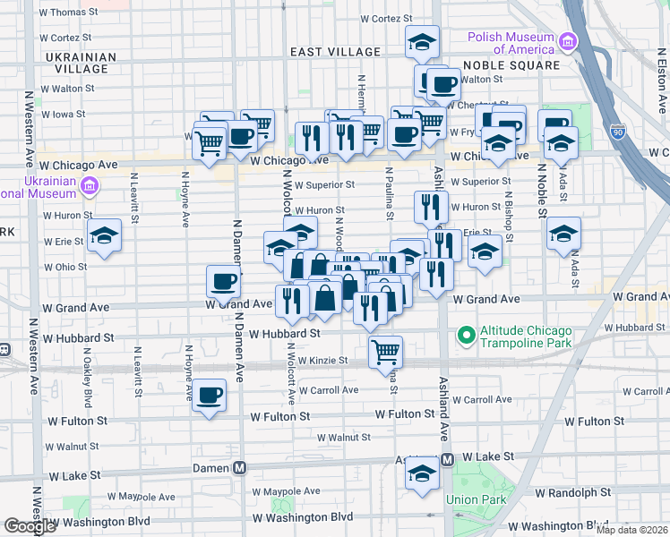 map of restaurants, bars, coffee shops, grocery stores, and more near 537 North Wood Street in Chicago