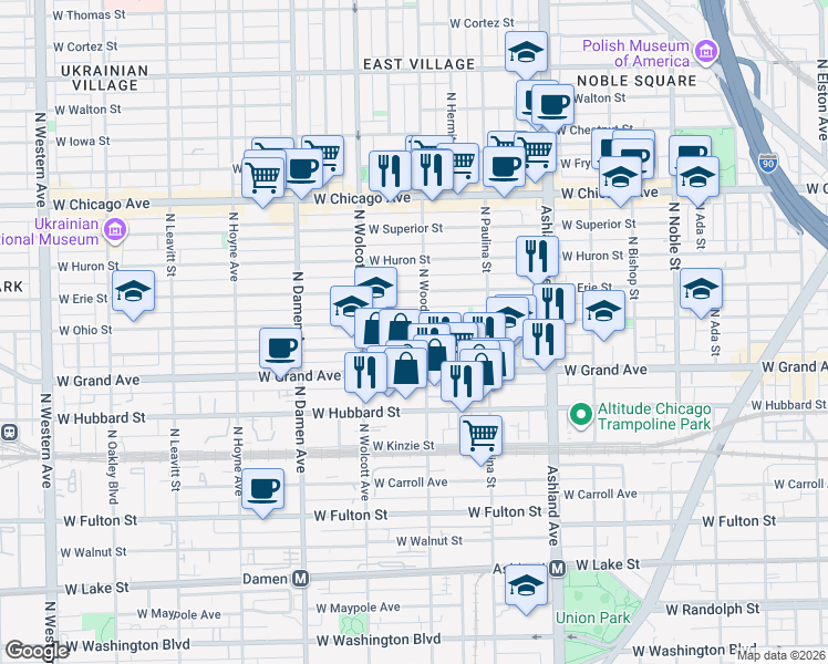 map of restaurants, bars, coffee shops, grocery stores, and more near 537 North Wood Street in Chicago
