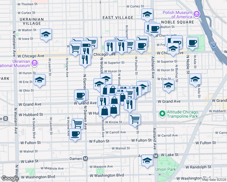 map of restaurants, bars, coffee shops, grocery stores, and more near 1841 West Ohio Street in Chicago