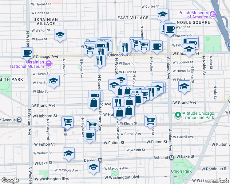 map of restaurants, bars, coffee shops, grocery stores, and more near 1911 West Ohio Street in Chicago