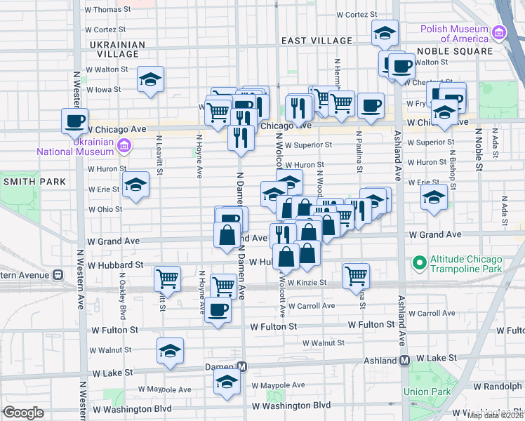 map of restaurants, bars, coffee shops, grocery stores, and more near 1911 West Ohio Street in Chicago