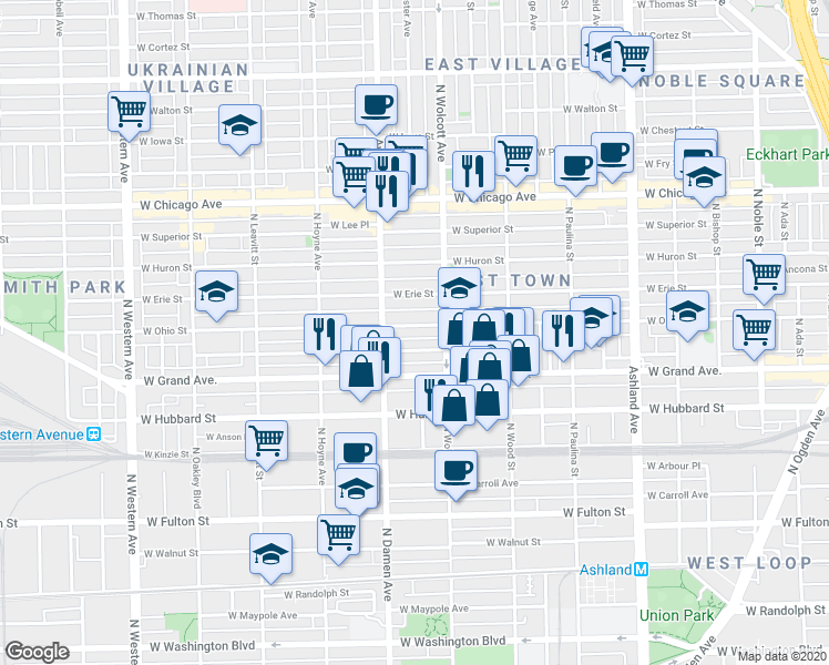 map of restaurants, bars, coffee shops, grocery stores, and more near 1911 West Ohio Street in Chicago