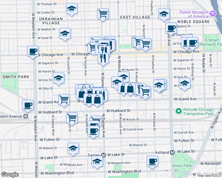 map of restaurants, bars, coffee shops, grocery stores, and more near 1953 West Ohio Street in Chicago