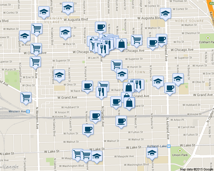 map of restaurants, bars, coffee shops, grocery stores, and more near 1953 West Ohio Street in Chicago