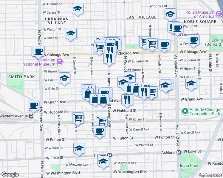 map of restaurants, bars, coffee shops, grocery stores, and more near 1953 West Ohio Street in Chicago
