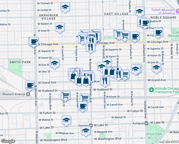 map of restaurants, bars, coffee shops, grocery stores, and more near 1953 West Ohio Street in Chicago