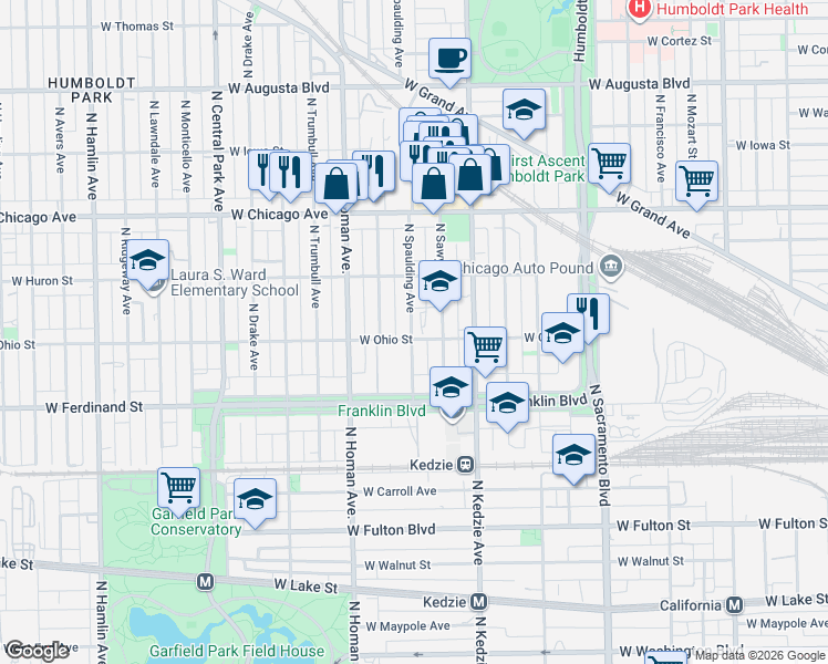 map of restaurants, bars, coffee shops, grocery stores, and more near 3314 West Ohio Street in Chicago