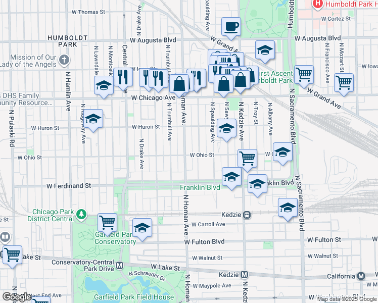 map of restaurants, bars, coffee shops, grocery stores, and more near 601 North Homan Avenue in Chicago
