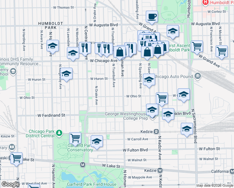 map of restaurants, bars, coffee shops, grocery stores, and more near 3424 West Ohio Street in Chicago