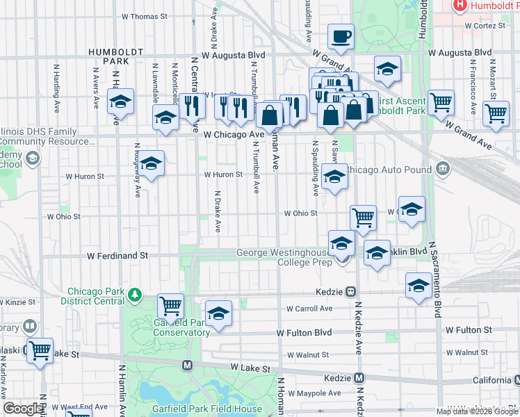 map of restaurants, bars, coffee shops, grocery stores, and more near 3424 West Ohio Street in Chicago