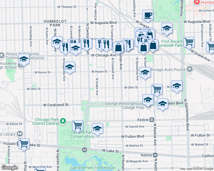 map of restaurants, bars, coffee shops, grocery stores, and more near 3500 West Ohio Street in Chicago