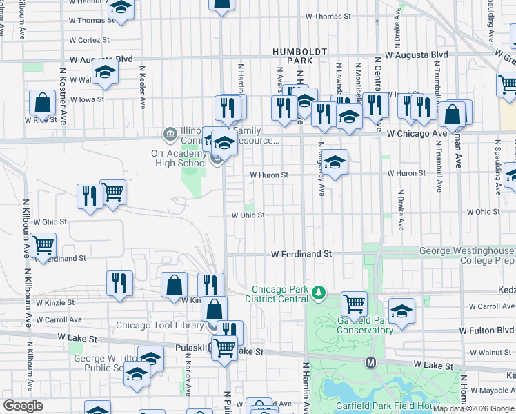 map of restaurants, bars, coffee shops, grocery stores, and more near 601 North Harding Avenue in Chicago