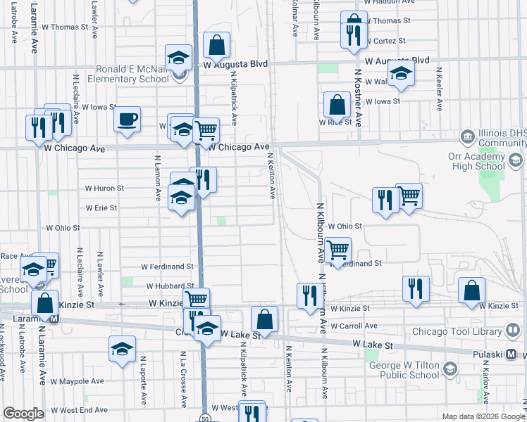 map of restaurants, bars, coffee shops, grocery stores, and more near 4637 West Erie Street in Chicago