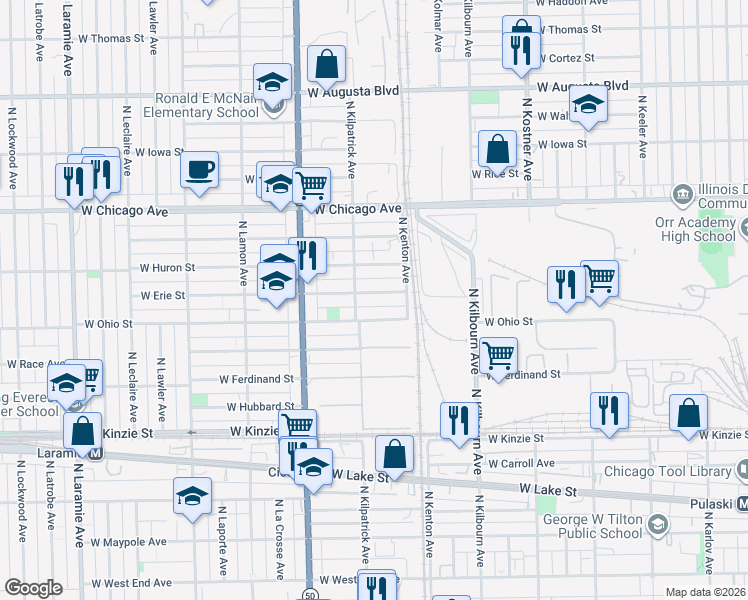 map of restaurants, bars, coffee shops, grocery stores, and more near 4637 West Erie Street in Chicago