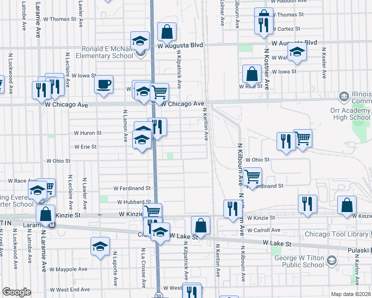 map of restaurants, bars, coffee shops, grocery stores, and more near 4637 West Erie Street in Chicago
