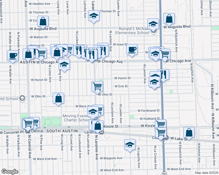 map of restaurants, bars, coffee shops, grocery stores, and more near 622 North Leclaire Avenue in Chicago