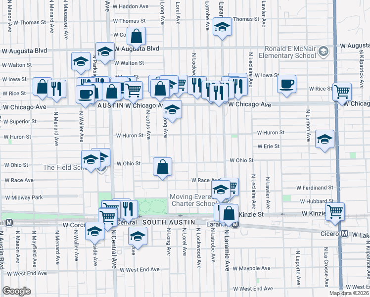 map of restaurants, bars, coffee shops, grocery stores, and more near 625 North Lorel Avenue in Chicago