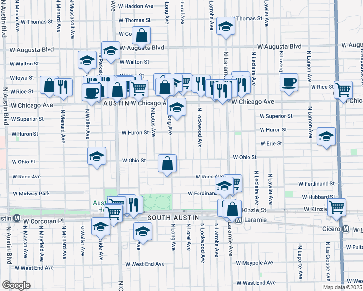 map of restaurants, bars, coffee shops, grocery stores, and more near 625 North Lorel Avenue in Chicago