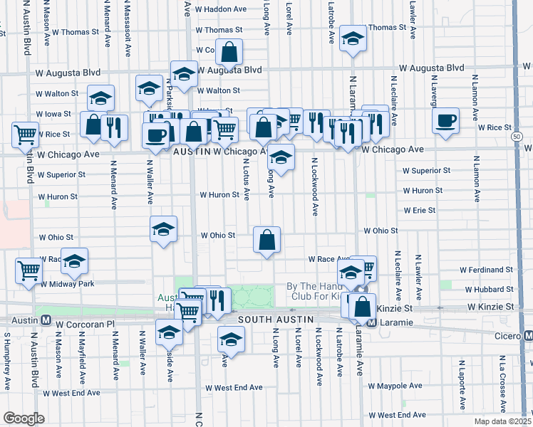map of restaurants, bars, coffee shops, grocery stores, and more near 629 North Long Avenue in Chicago