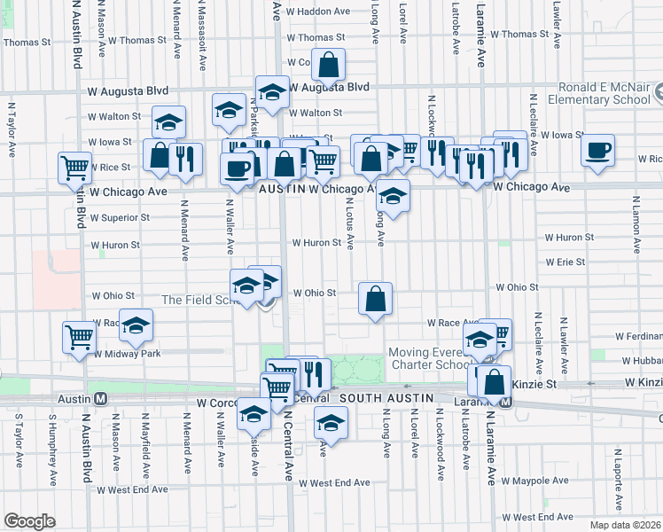 map of restaurants, bars, coffee shops, grocery stores, and more near 632 North Pine Avenue in Chicago