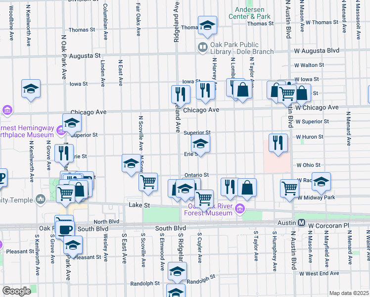map of restaurants, bars, coffee shops, grocery stores, and more near 300 North Ridgeland Avenue in Oak Park