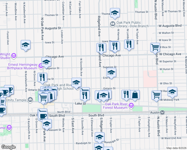 map of restaurants, bars, coffee shops, grocery stores, and more near 304 North Elmwood Avenue in Oak Park