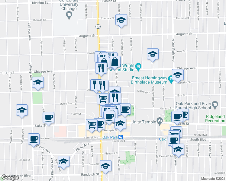 map of restaurants, bars, coffee shops, grocery stores, and more near 303 North Maple Avenue in Oak Park