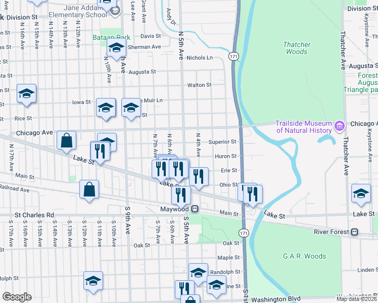 map of restaurants, bars, coffee shops, grocery stores, and more near 502 North 4th Avenue in Maywood
