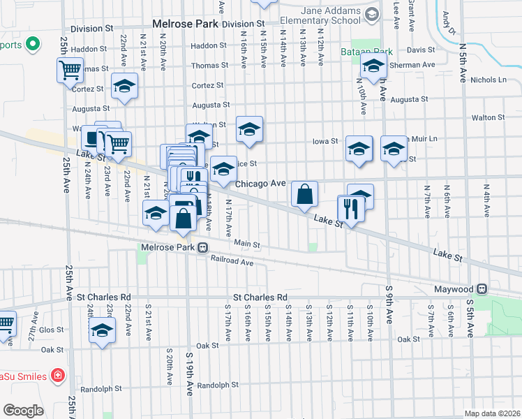map of restaurants, bars, coffee shops, grocery stores, and more near 1504 West Lake Street in Melrose Park