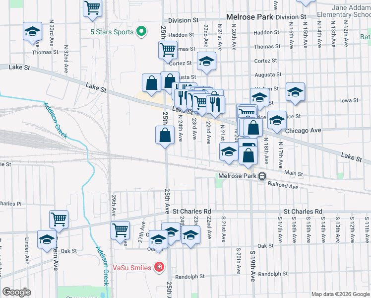 map of restaurants, bars, coffee shops, grocery stores, and more near 109 North 24th Avenue in Melrose Park