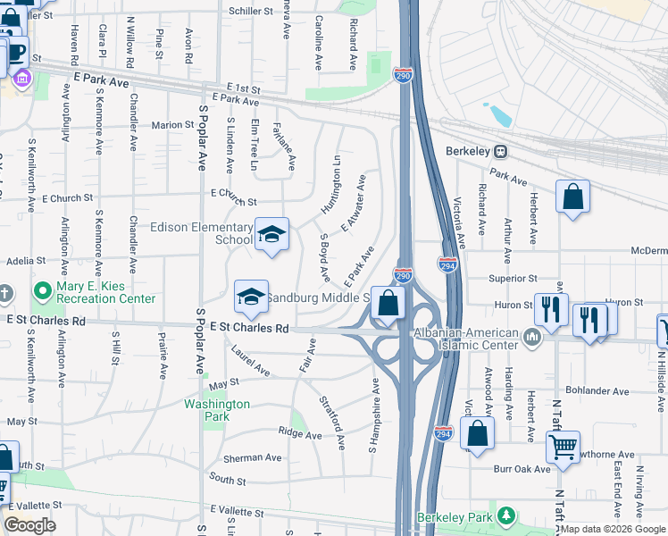 map of restaurants, bars, coffee shops, grocery stores, and more near 285 South Boyd Avenue in Elmhurst