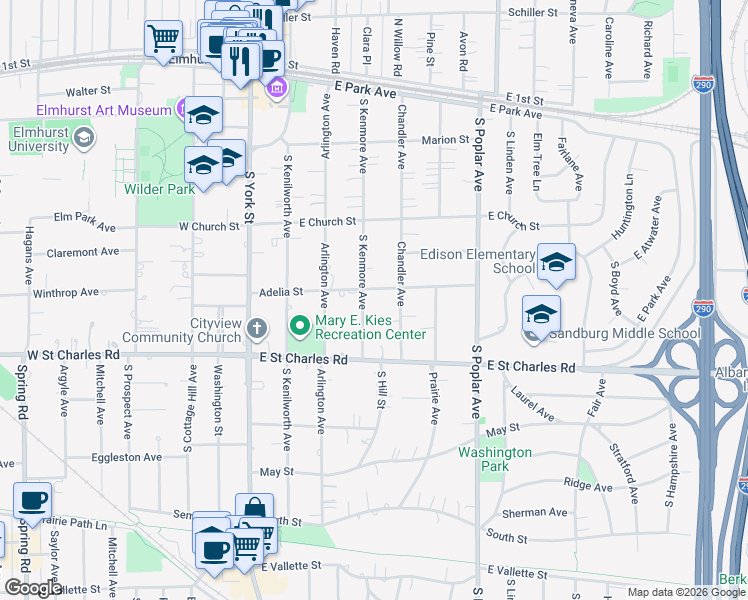 map of restaurants, bars, coffee shops, grocery stores, and more near 295 South Kenmore Avenue in Elmhurst